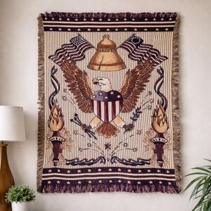 Vintage MWW Americana Woven Tapestry Throw Blanket Eagle Liberty Bell 1995 64x33